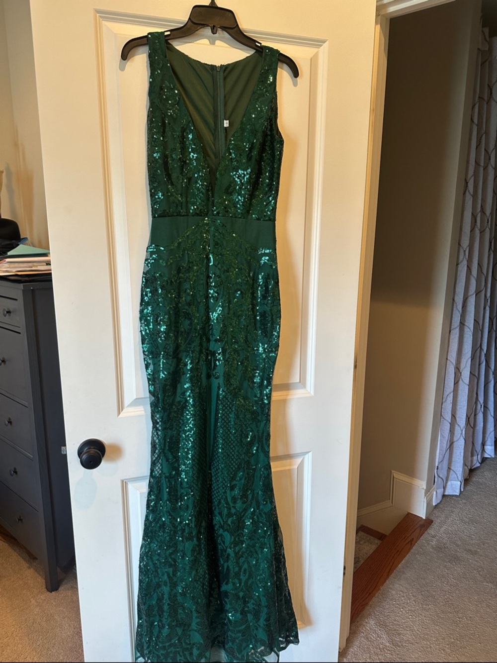 Emerald Green Sequin Prom Dress - Sleeveless V-Neck